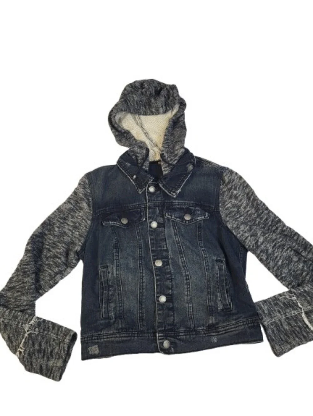 Free People Distressed Black Denim Mixed Knit Jacket Hoodie Boho Punk Small